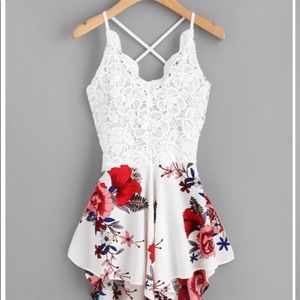 White lace crochet and floral romper